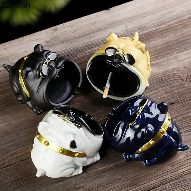 Bulldog sunglasses ceramic ashtray set of 3 in black gold and navy blue ceramic with gold-trimmed collars for living room decor