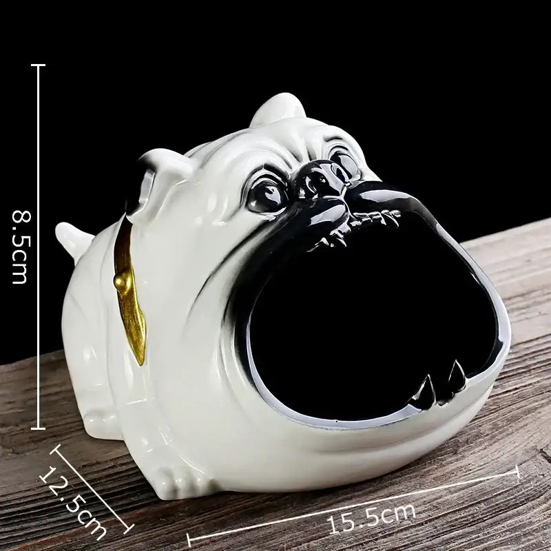 White ceramic bulldog sunglasses ceramic ashtray with black glossy mouth and gold-colored collar for living room decor