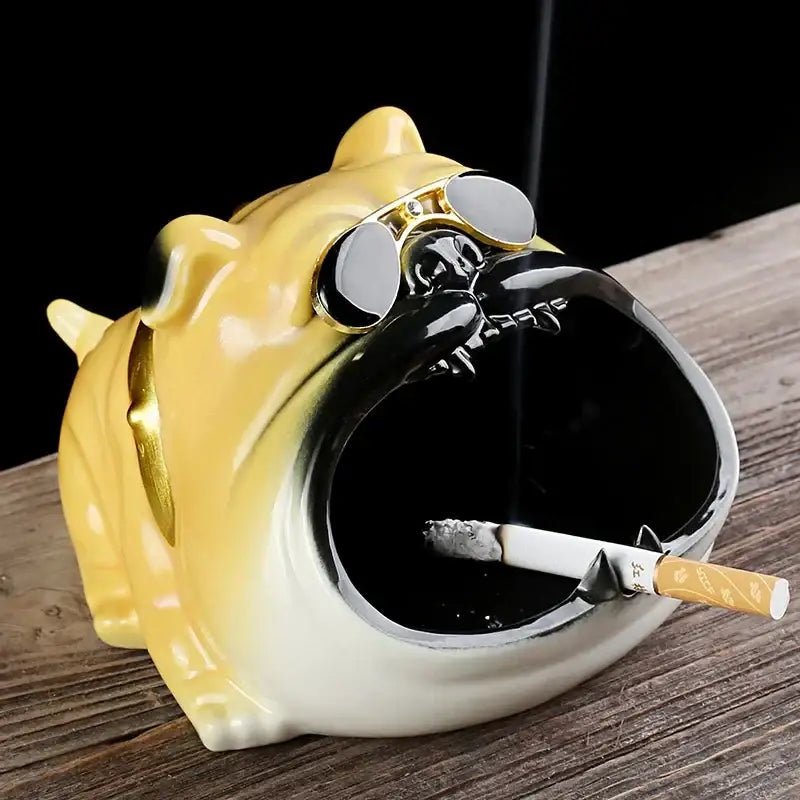 Yellow ceramic bulldog sunglasses ceramic ashtray with black interior and cigarette for living room decor set of 4