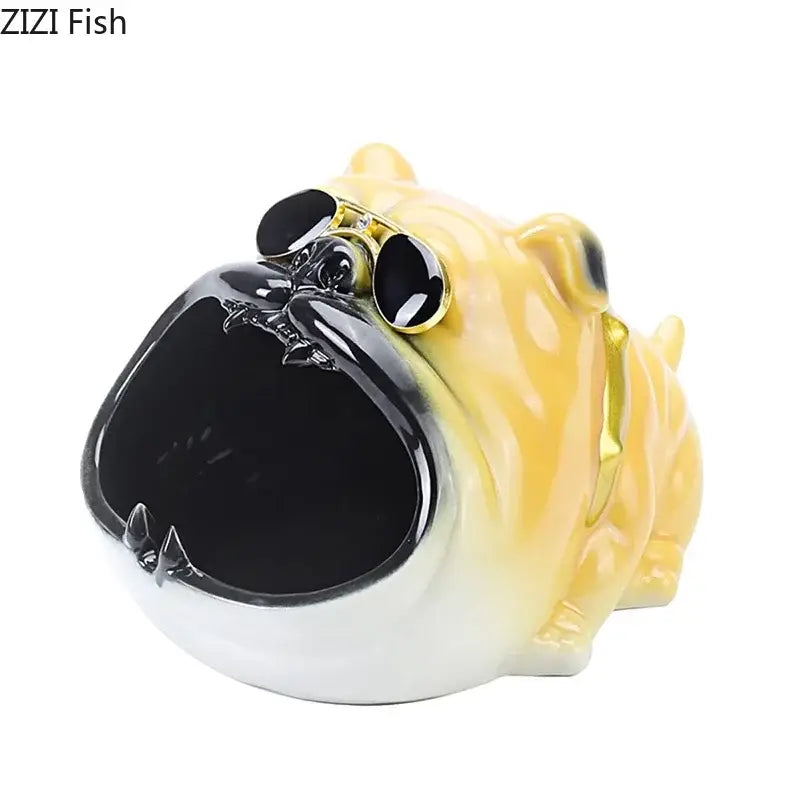 Yellow and white ceramic bulldog sunglasses ceramic ashtray with black shades and gold accents for living room decor