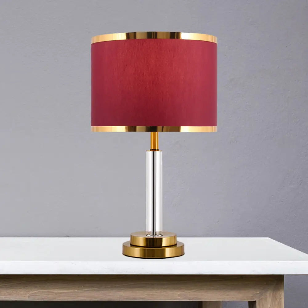 Burgundy/Beige Crystal Table Lamp with Traditional Fabric Shade - Elegant Circular Design