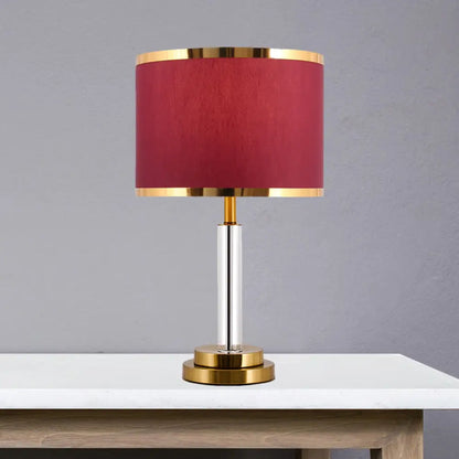 Burgundy/Beige Crystal Table Lamp with Traditional Fabric Shade - Elegant Circular Design