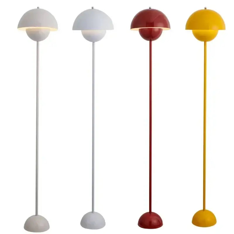 Four modern decorbites bud floor lamps feature dome-shaped shades in white red and yellow for stylish bedroom light
