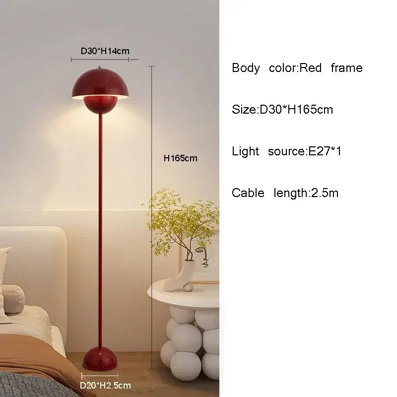 Burgundy bud floor lamp with red metal rounded dome shade and slender stem ideal for bedroom decorbites bud floor lighting