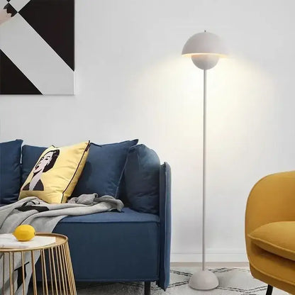 White minimalist floor lamp with a rounded dome shade in the burgundy bud floor lamp flower shade bedroom light series