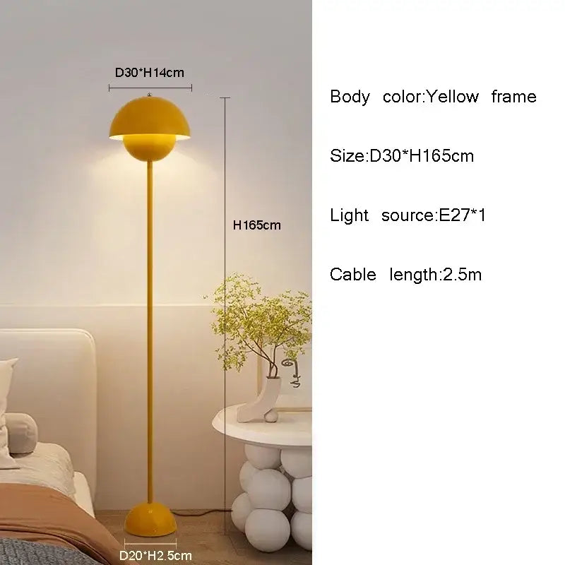Yellow mushroom-shaped floor lamp with slender stem and rounded base in decorbites bud floor lamp collection for bedroom use