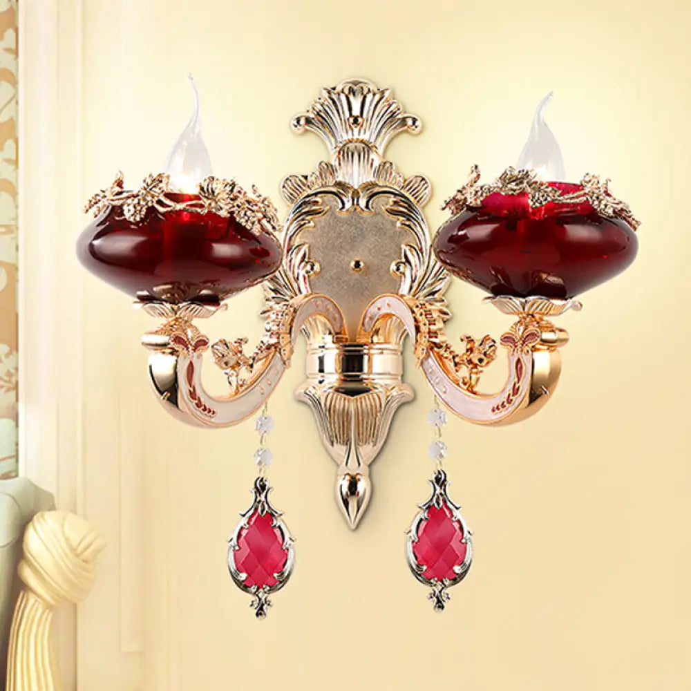 Aplique de pared de cristal burdeos con diseño retro de vela sin llama para comedor
