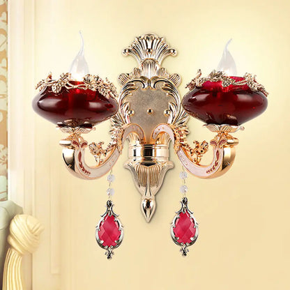 Aplique de pared de cristal burdeos con diseño retro de vela sin llama para comedor