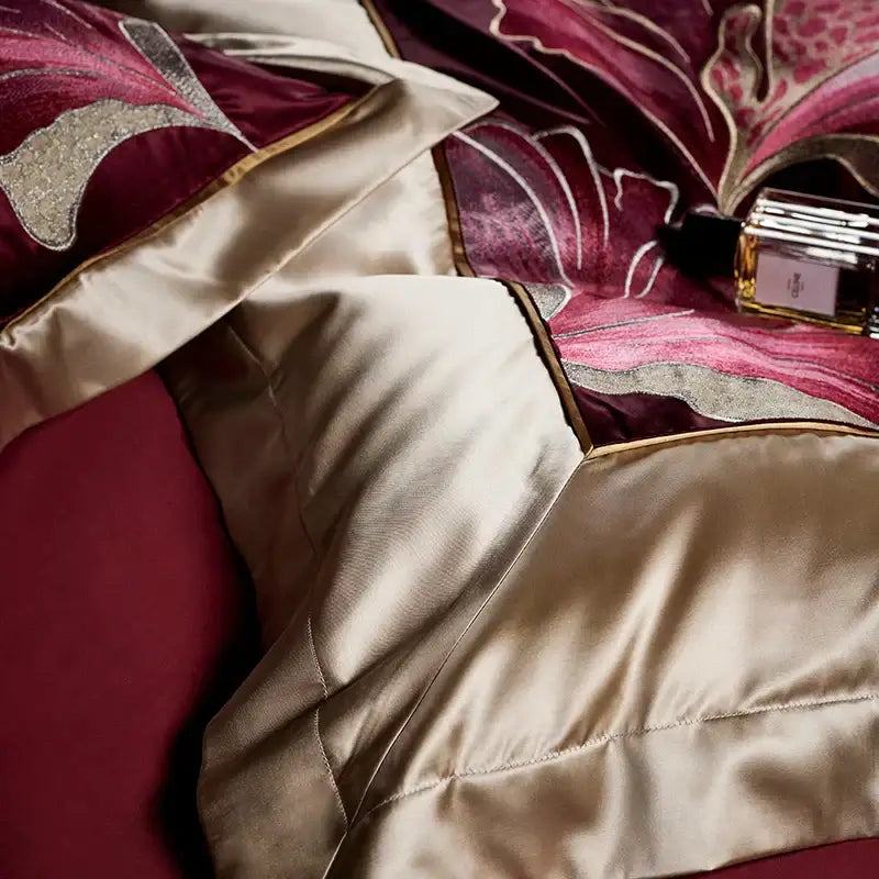 Luxurious burgundy and cream satin egyptian cotton bedding set with metallic silver floral embroidery decorbites ginkgo biloba