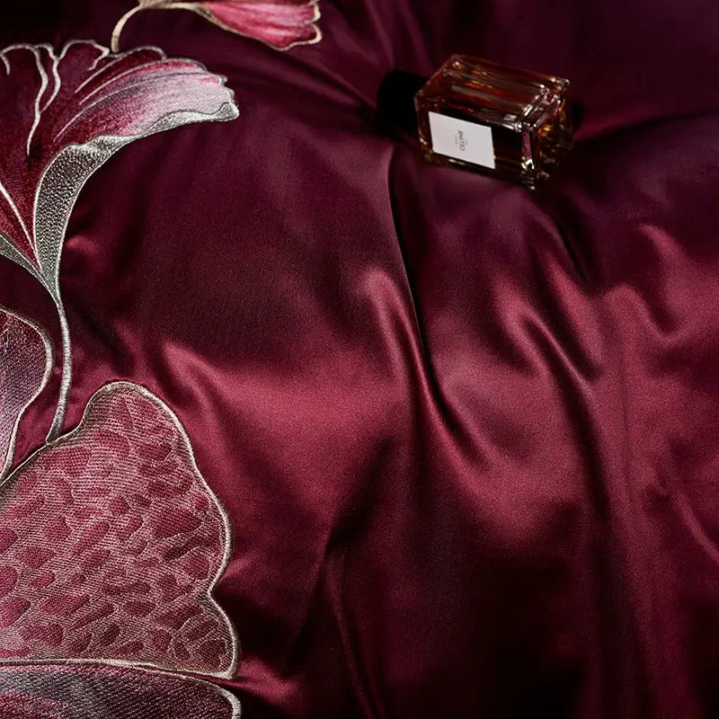 Burgundy and gold ginkgo biloba egyptian cotton bedding set with rich satin bedspread featuring metallic floral embroidery