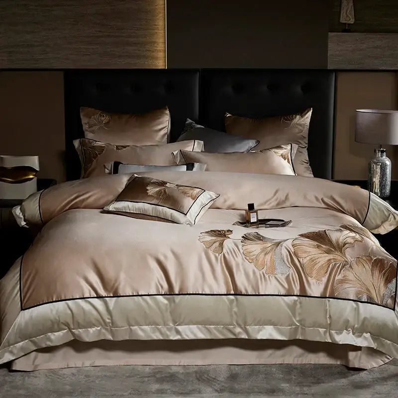 Beige satin bedding set with gold leaf embroidery and black piping from decorbites ginkgo biloba egyptian cotton collection