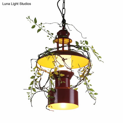 Burgundy Metal Hanging Ceiling Light with Drum Shade - Farm Style Pendant Lamp with Fake Plant Attachment