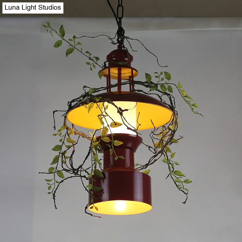 Burgundy Metal Hanging Ceiling Light with Drum Shade - Farm Style Pendant Lamp with Fake Plant Attachment