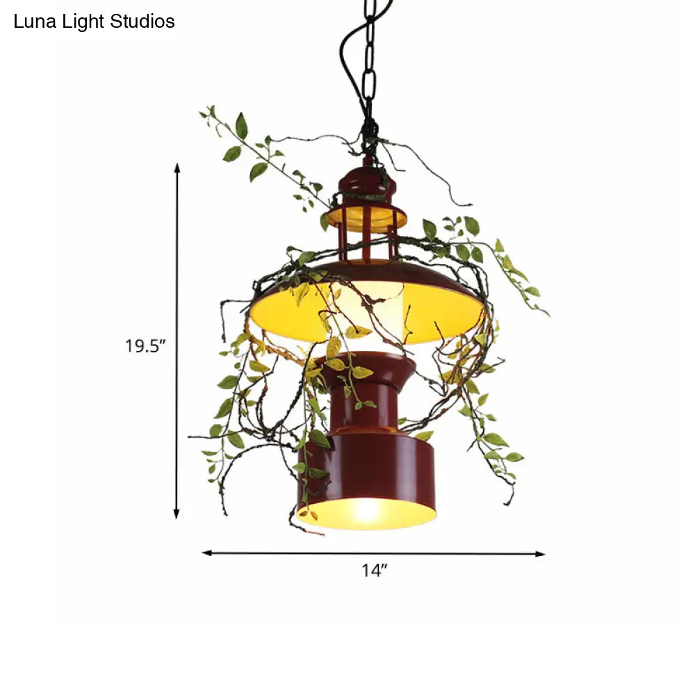 Burgundy Metal Hanging Ceiling Light with Drum Shade - Farm Style Pendant Lamp with Fake Plant Attachment