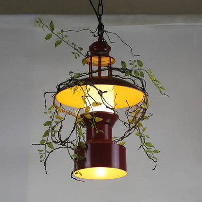 Burgundy Metal Hanging Ceiling Light with Drum Shade - Farm Style Pendant Lamp with Fake Plant Attachment