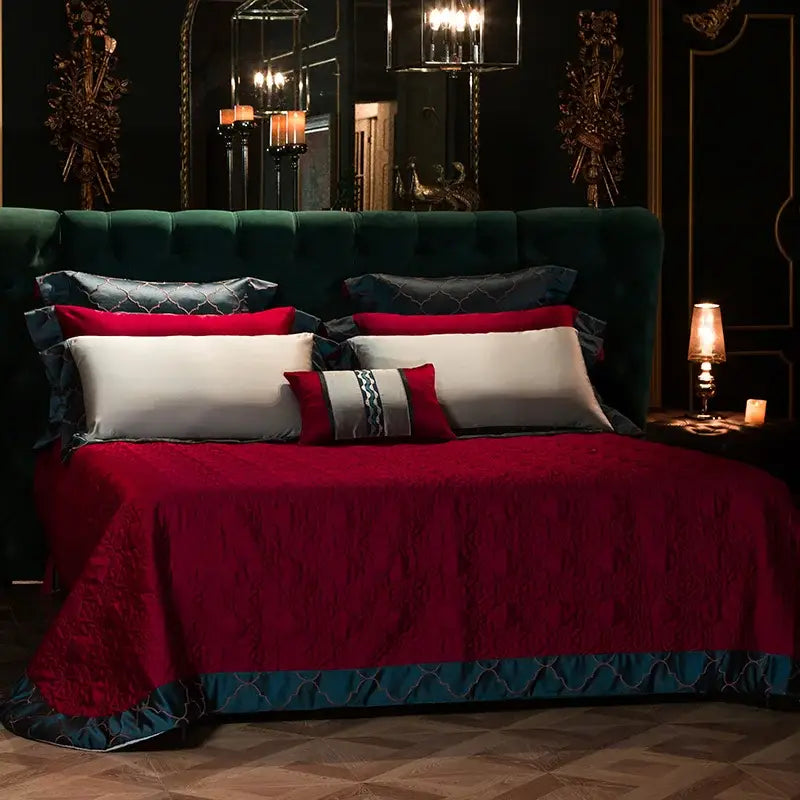 Luxurious burgundy velvet bedding set with teal silver quilted trim and egyptian cotton embroidery for bedroom use