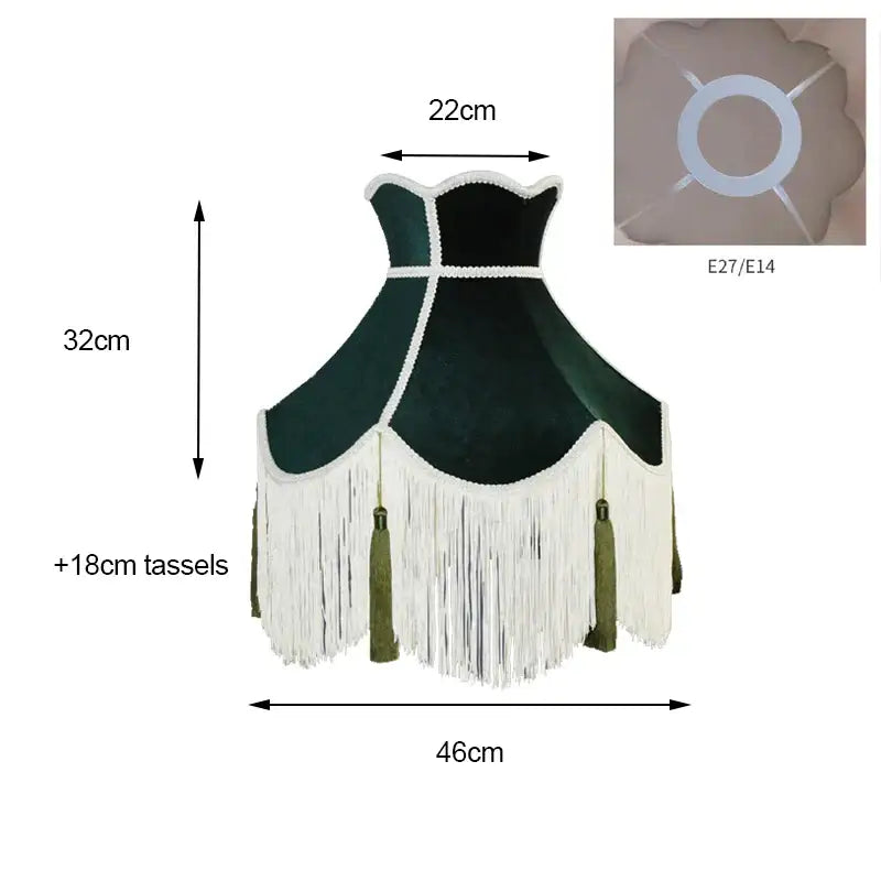 Dark green velvet lampshade with white fringe and olive-green tassels for burgundy wine red living room decor