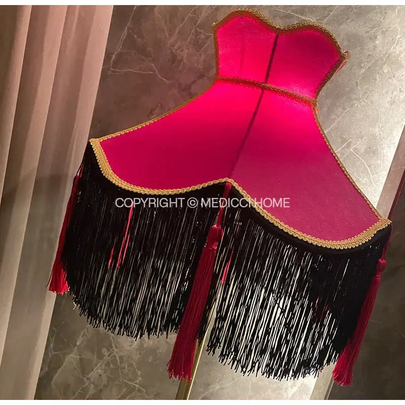 Burgundy wine red velvet scalloped lampshade with gold trim and cascading black fringe with red tassels for living room