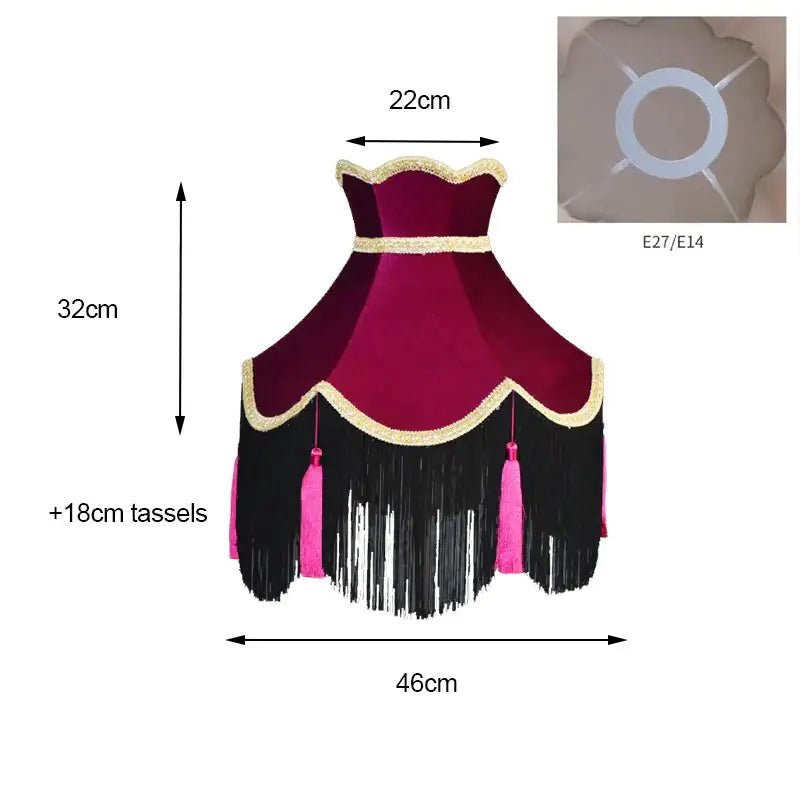 Burgundy wine red velvet scalloped lampshade with gold trim black fringe and pink tassels for living room use