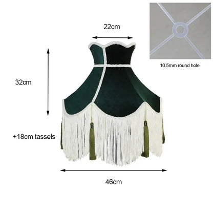 Dark green velvet lampshade with white fringe and olive tassels paired with burgundy wine red velvet scalloped lampshade for living room