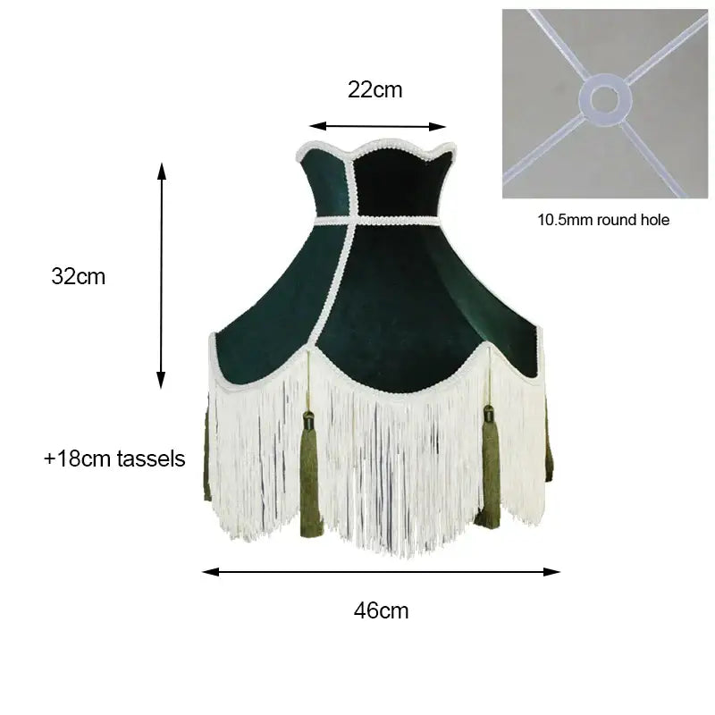 Dark green velvet lampshade with white fringe and olive tassels paired with burgundy wine red velvet scalloped lampshade for living room