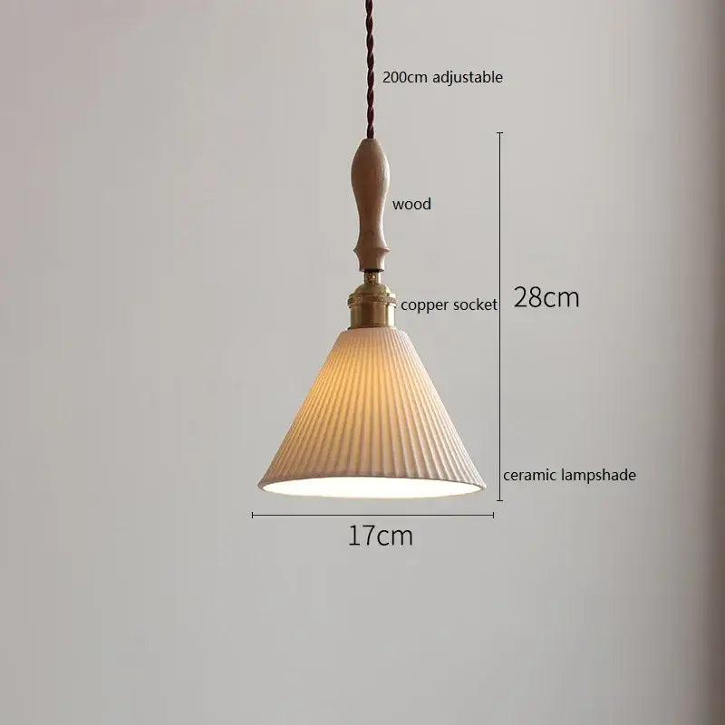 A warm-toned butterfly ceramic led pendant lamp with vertical ridges, wooden handle, and copper socket by decorbites butterfly ceramic