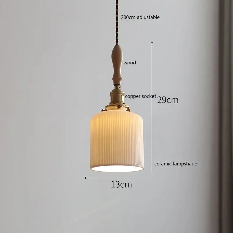 A warm-toned butterfly ceramic led pendant lamp with vertical ridges and wooden handle for bedroom decorbites butterfly ceramic
