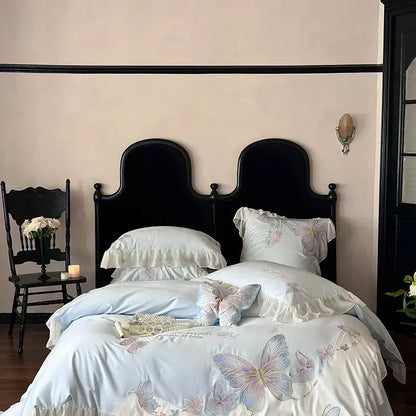 Light blue cotton bedding set with lace ruffles and decorbites butterfly embroidery for bedroom decor