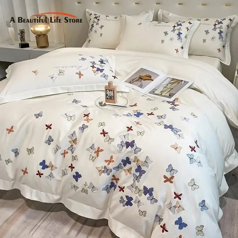 White cotton bedding set with colorful decorbites butterfly embroidery for elegant bedroom decor