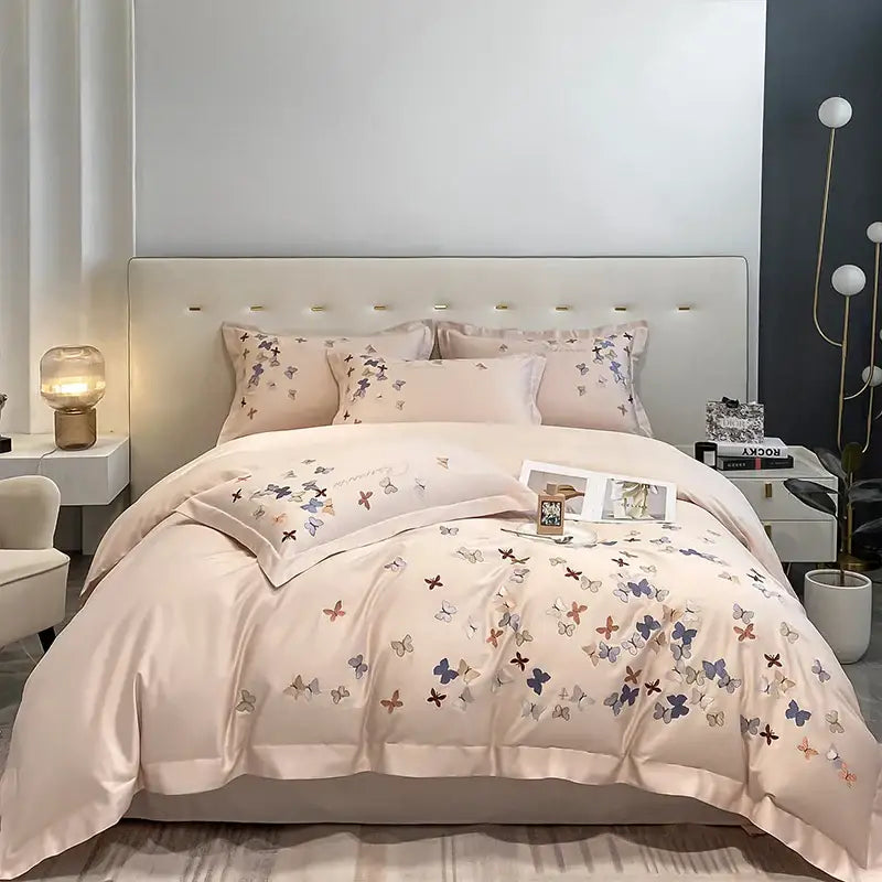 Beige satin duvet cover set with delicate decorbites butterfly embroidery in soft purple blue and brown on white cotton bedding set