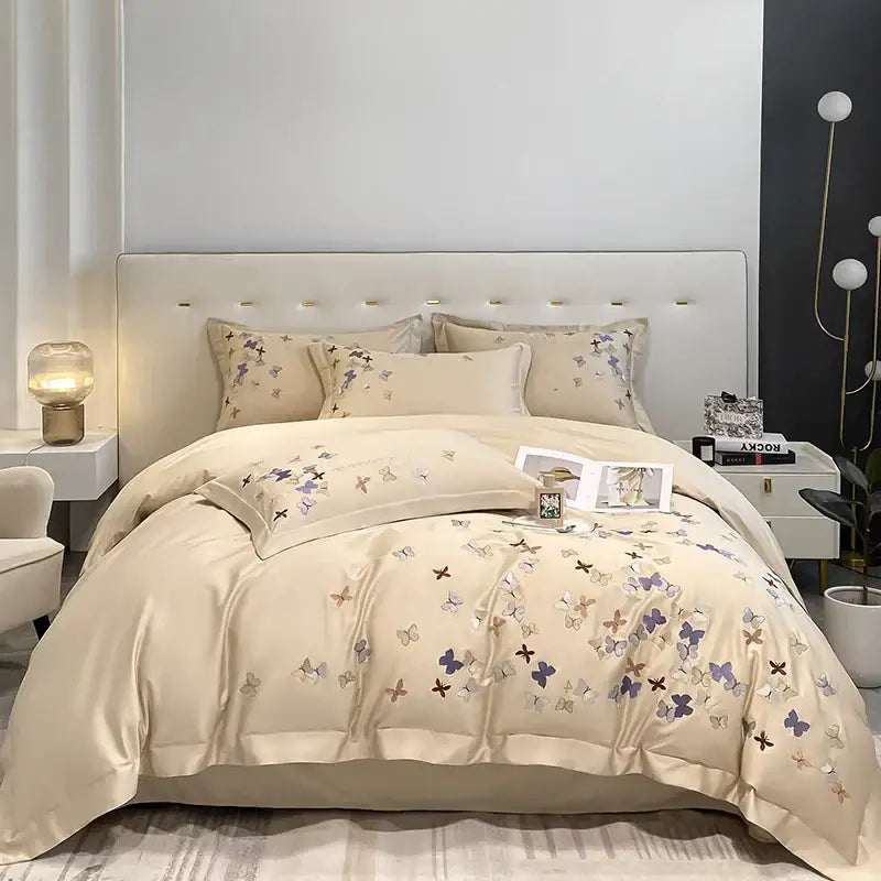 Cream-colored satin bedding set with delicate purple and beige decorbites butterfly embroidery cotton for bedroom decor