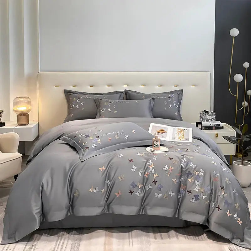 Gray satin-like bedding set with delicate pastel butterfly embroidery cotton decorbites butterfly embroidery design