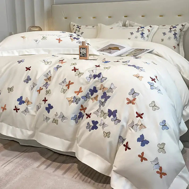 White satin duvet cover with colorful decorbites butterfly embroidery in blue purple orange gray cotton bedding set decor