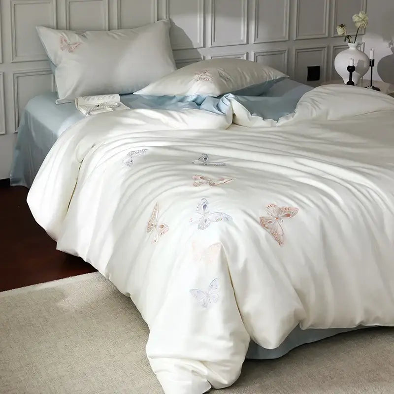 White satin lyocell cotton bedding set with delicate pastel decorbites butterfly embroidery for bedroom sheets