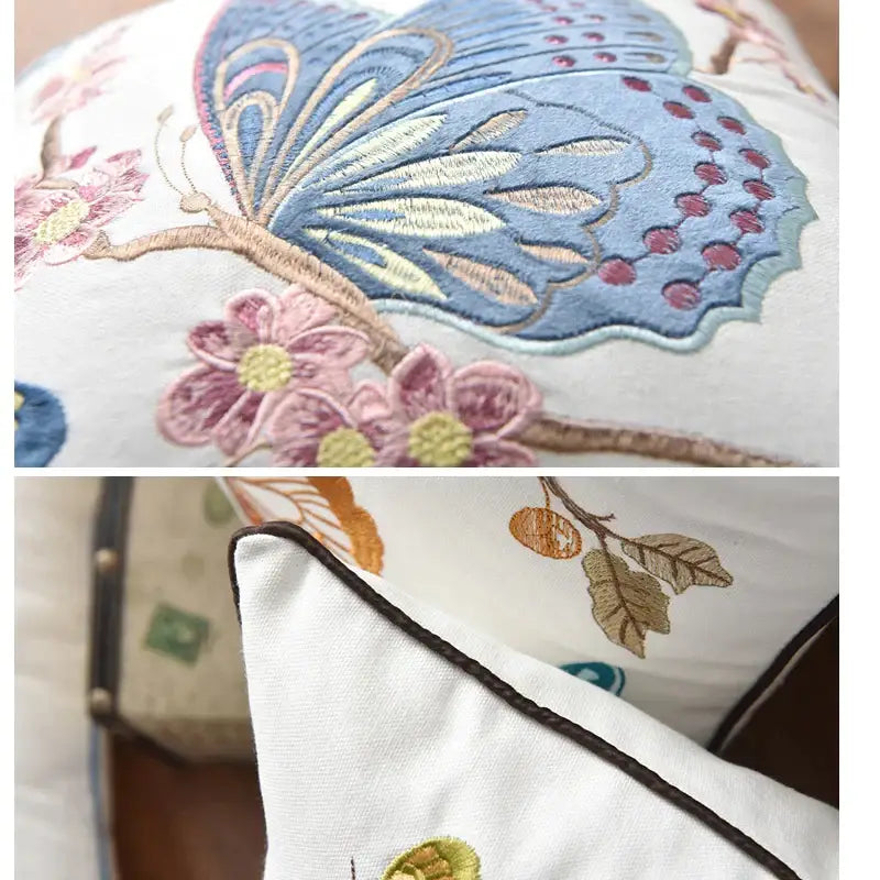 White butterfly floral cotton pillow cover with embroidered blue butterfly pink and gold accents for bedroom decorbites decor