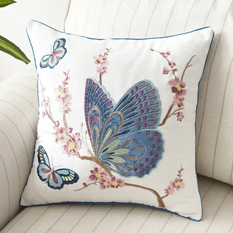 White square butterfly floral cotton pillow cover with embroidered blue purple pink butterflies on cherry blossom decor