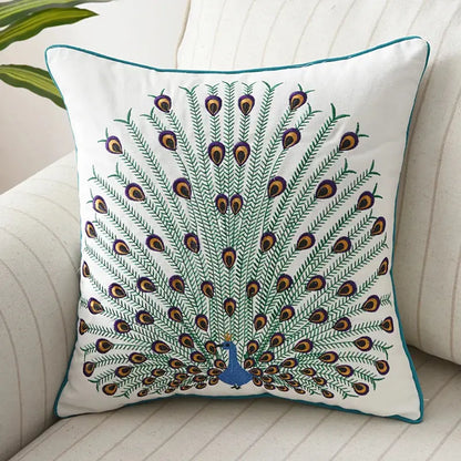 White cotton pillow cover with embroidered teal green gold and blue peacock design for decorbites butterfly floral decor