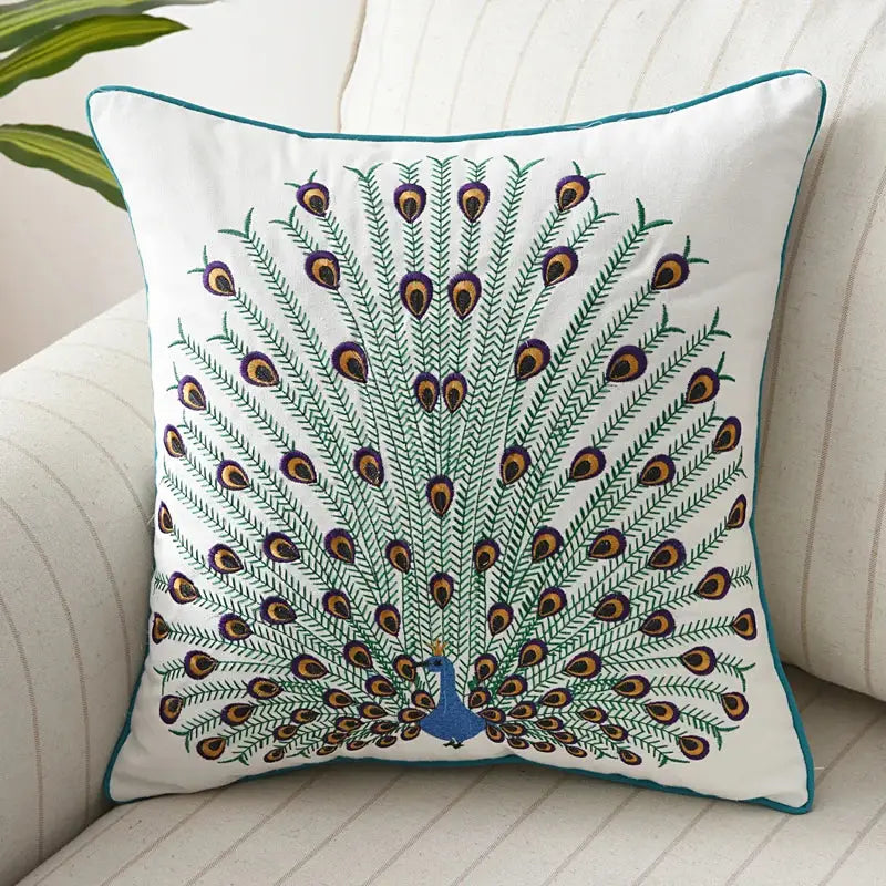White cotton pillow cover with intricate embroidered teal green gold and blue peacock design for decorbites butterfly floral decor