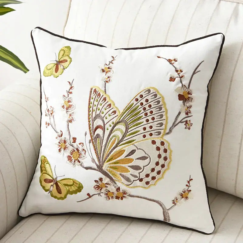 White square butterfly floral cotton pillow cover with intricate green yellow and brown embroidered decorbites butterfly floral design