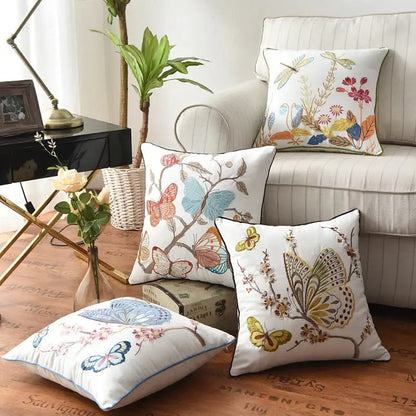 White cushion pillow cover with embroidered pastel butterflies and floral patterns butterfly floral cotton decorbites