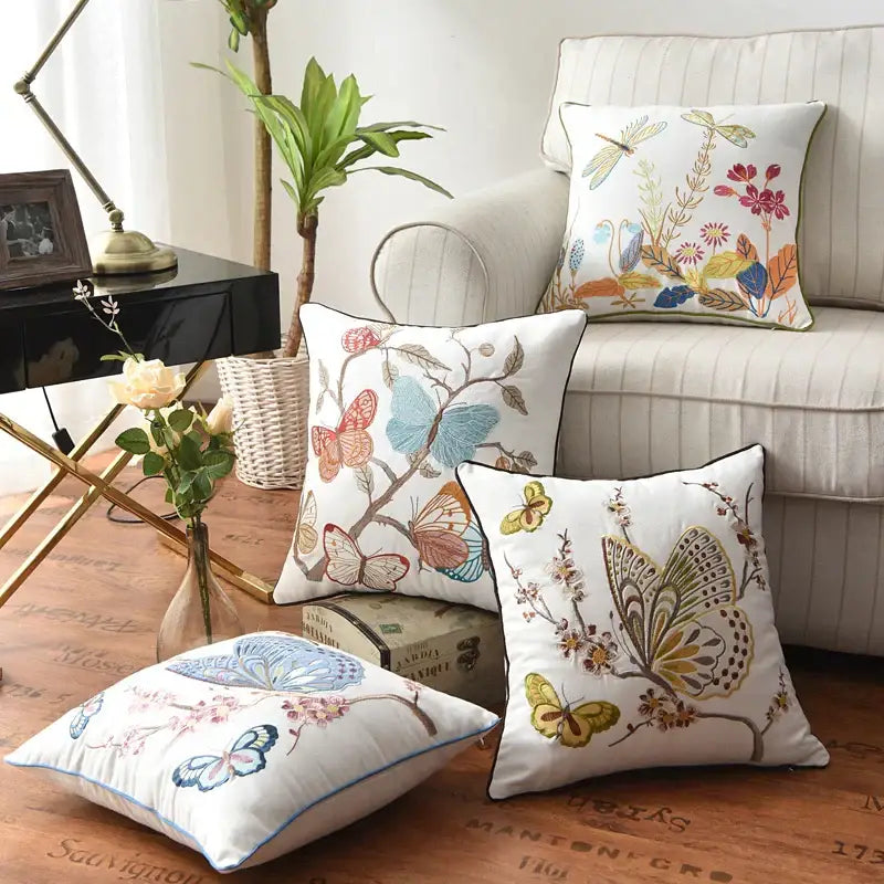 White cushion pillow cover with embroidered pastel butterflies and floral patterns butterfly floral cotton decorbites