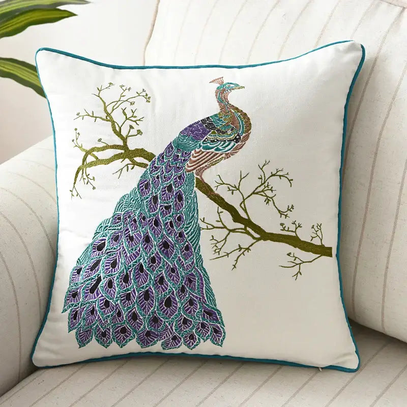 White pillow cover with embroidered teal and purple peacock on branch decorbites butterfly floral cotton decor