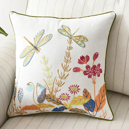 White square butterfly floral cotton pillow cover with colorful embroidered dragonflies and olive-green border decorbites decor