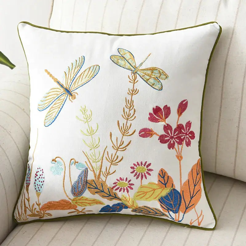 White square butterfly floral cotton pillow cover with colorful embroidered dragonflies and olive-green border decorbites decor