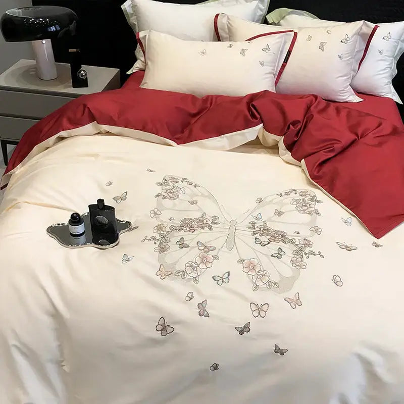 Cream satin duvet cover with butterfly flowers embroidery and floral accents in a decorbites butterfly flowers bedding set