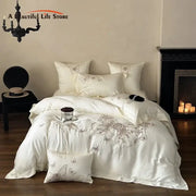 Cream satin bedding set with silver butterfly flowers embroidery by decorbites for elegant bedroom decor
