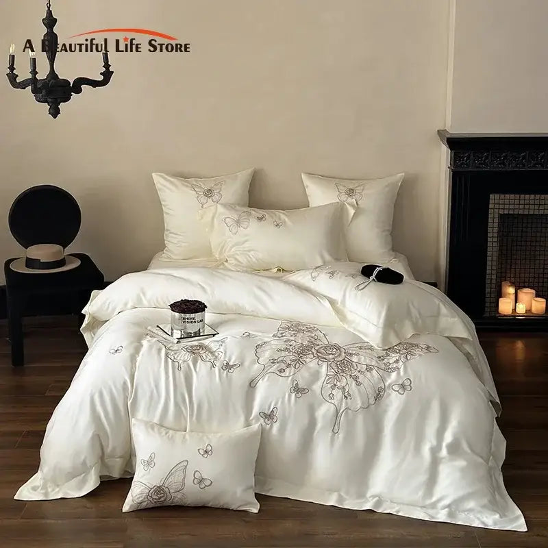 Cream satin bedding set with silver butterfly flowers embroidery by decorbites for elegant bedroom decor