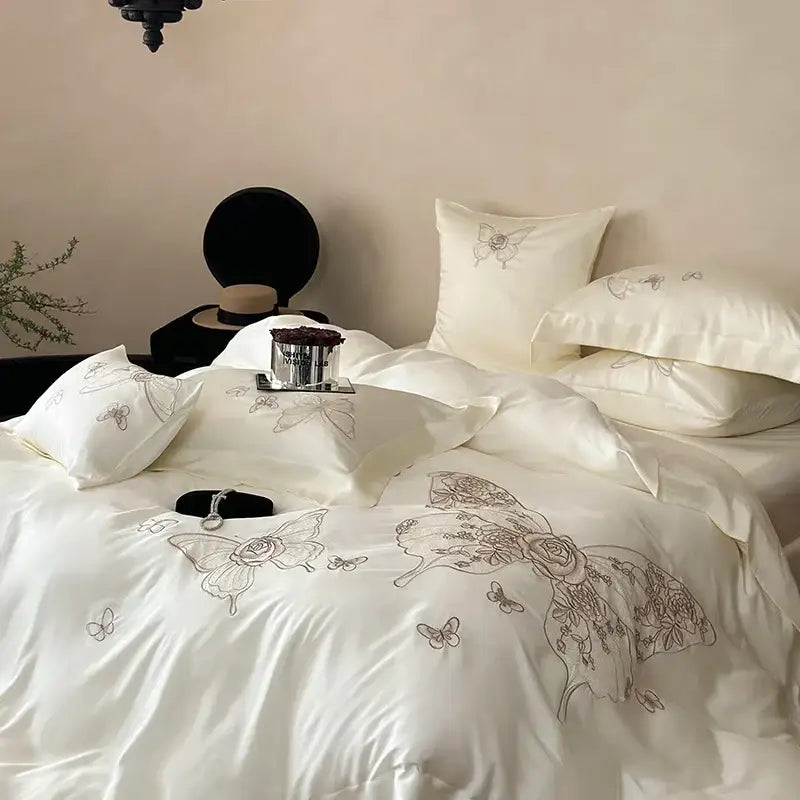 Cream satin bedding set with delicate silver butterfly flowers embroidery for elegant bedroom decorbites butterfly flowers