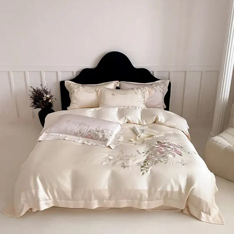 Cream-colored satin bedding set with delicate butterfly flowers embroidery decorbites butterfly flowers for bedroom decor