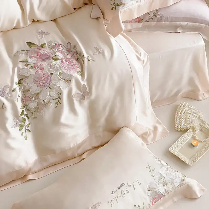 Cream satin bedding set with butterfly flowers embroidery in pink and white for elegant bedroom decorbites decor